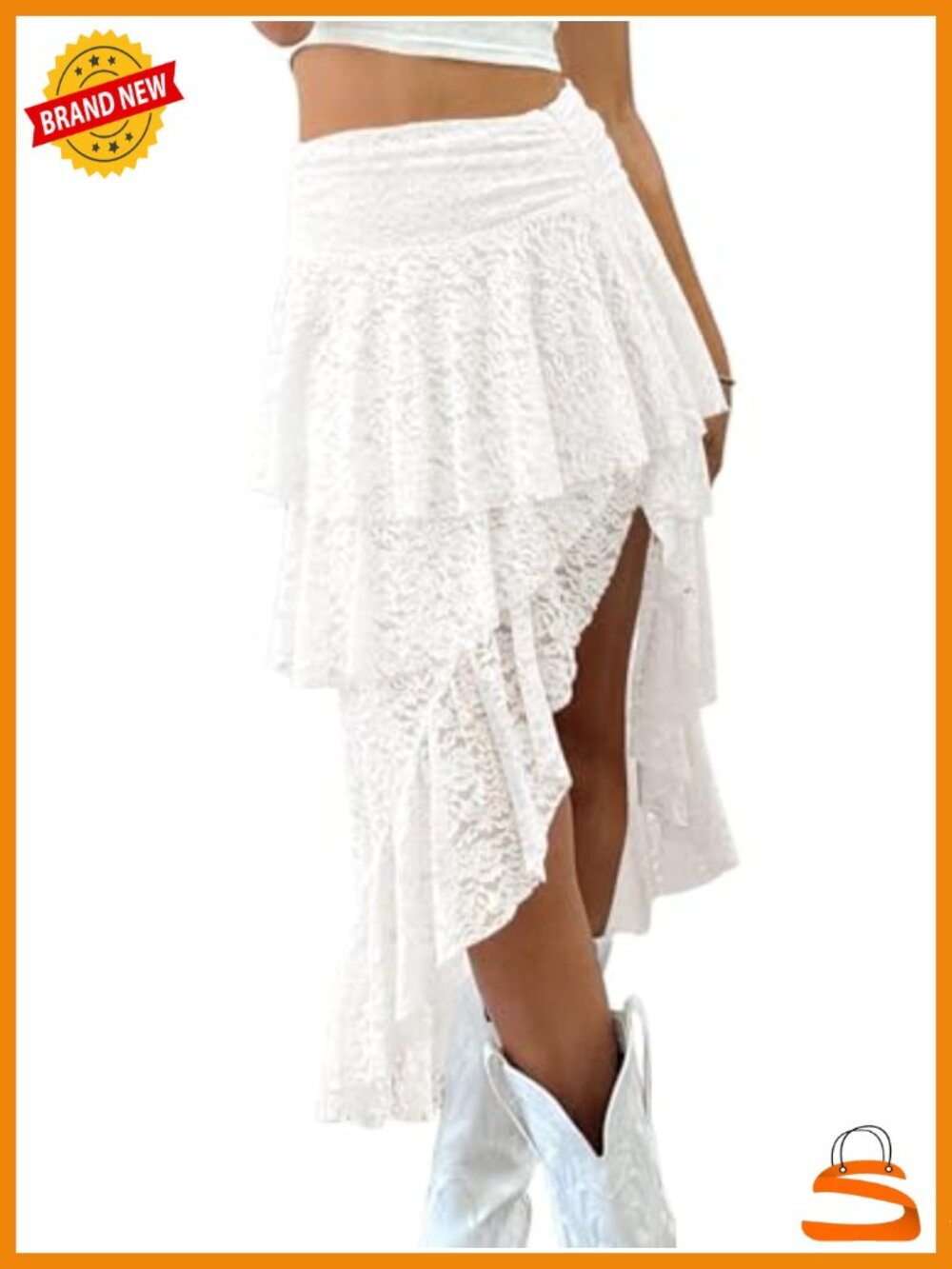 Lace Midi Skirt High Waist Y2K Asymmetrical Layered Flowy Fairy Beach Skirt